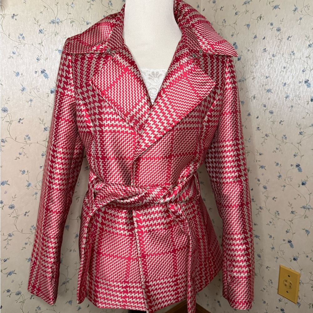 White House Black Market pink Plaid Pea Coat jacket